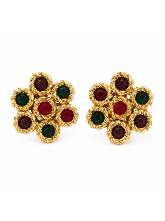 Swarovski Jewelry - Vintage Swarovski Crystal Clip Earrings Red Green Purple Gold Tone 1”